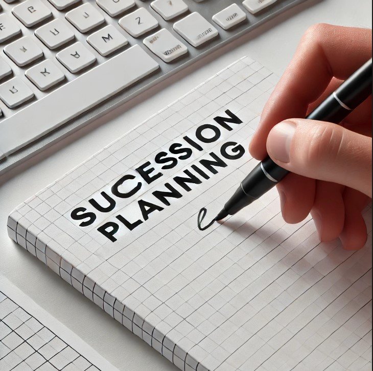 Business Succession Planning-a hand writing 'Succession Planning' on a grid-patterned notebook with a black marker, featuring a minimalistic and professional design with a white keyboard in the background."