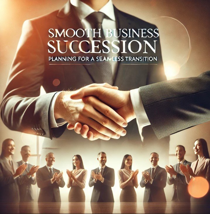 succession planning-Professional business image depicting a handshake between two individuals in formal suits, symbolizing a successful agreement or transition. The background features a group of professionals clapping in support, with warm lighting and a polished atmosphere. The text 'Smooth Business Succession: Planning for a Seamless Transition' is prominently displayed, emphasizing the theme of leadership or business continuity